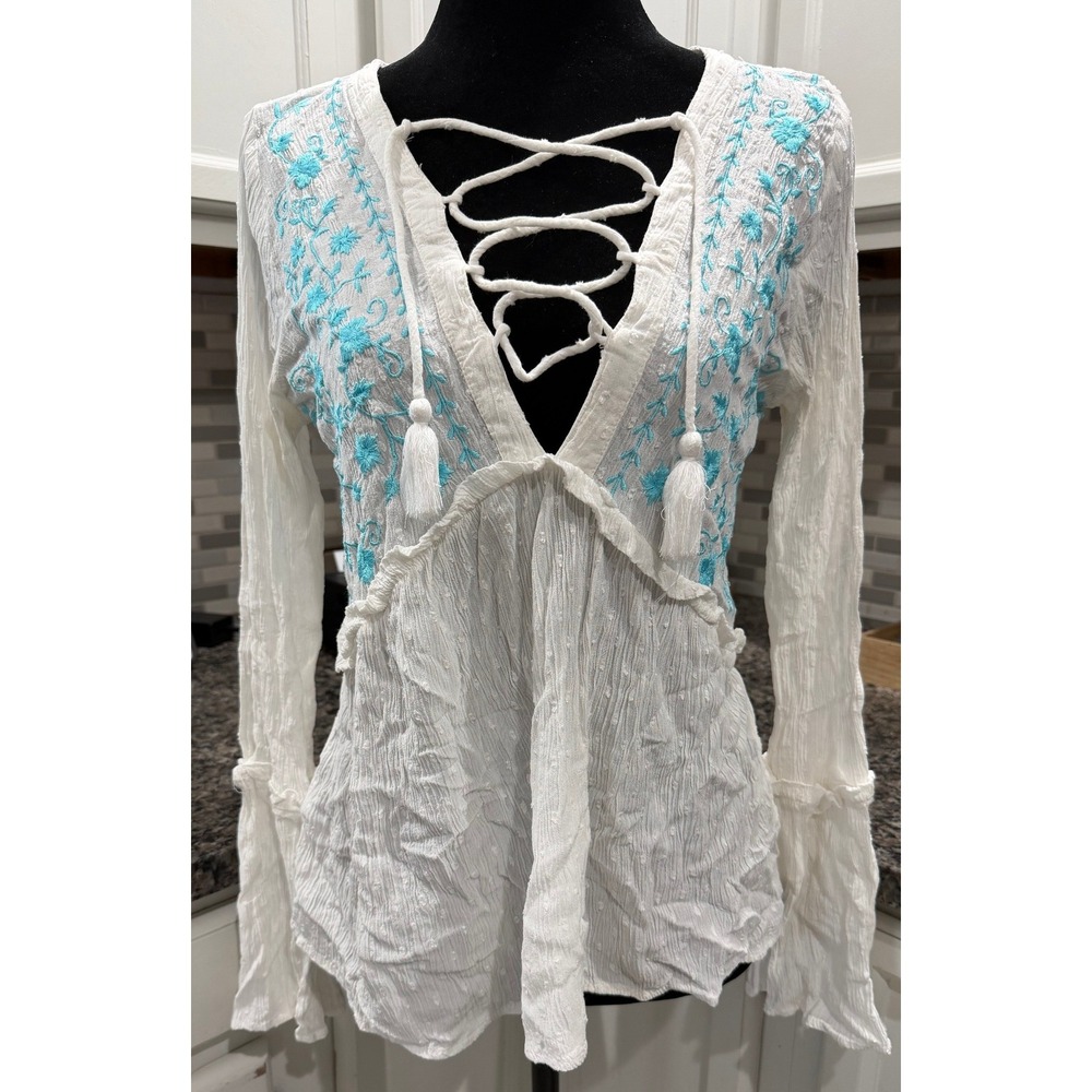 Venus White Embroidered Lace Up Boho Blouse Turquoise Floral Bell Sleeve Size 6